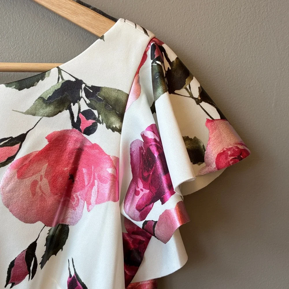 JH Evenings Pink Shimmer Floral Ruffle Sleeve Dress, sz 16 - Picture 4 of 11
